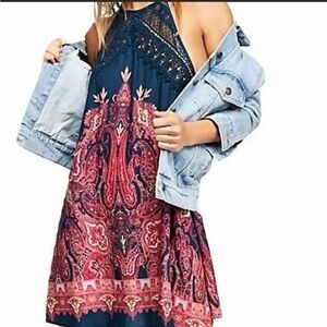 Free People Shea printed Navy Pink crocheted strappy tunic dress